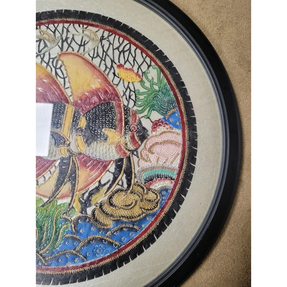 Framed Angelfish‎ Textile Art Round Mixed Media Hand Painted Embroidery 18inches
